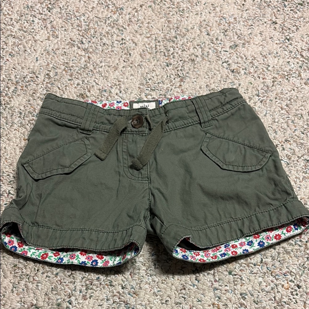 Mini Boden Girls Olive Green Cotton Cargo Shorts with Floral Trim